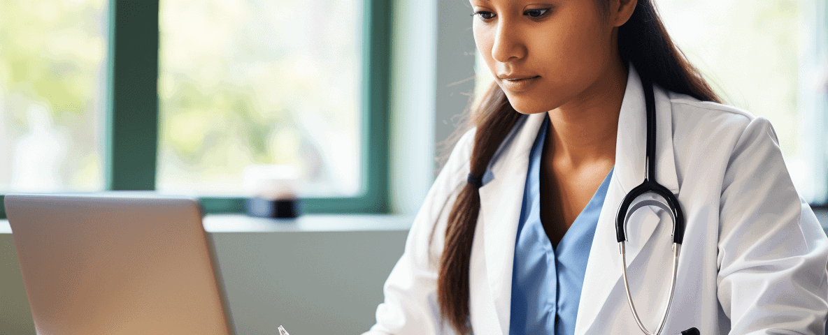 nurse practitioner diligently studying on her laptop, with the CME Pro' course visible on the screen