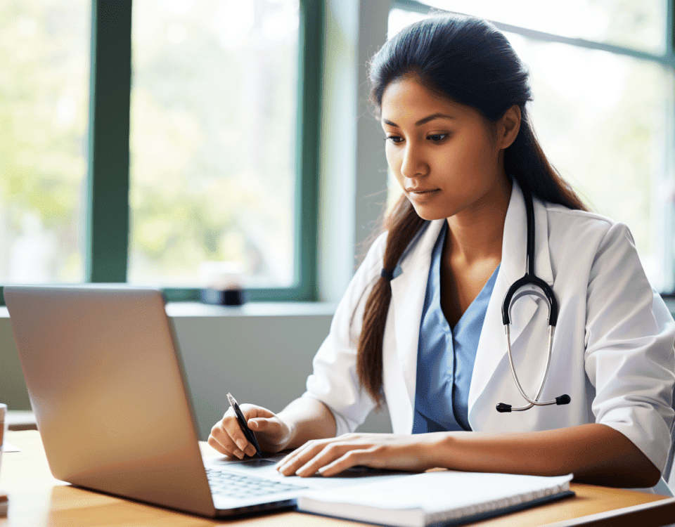 nurse practitioner diligently studying on her laptop, with the CME Pro' course visible on the screen