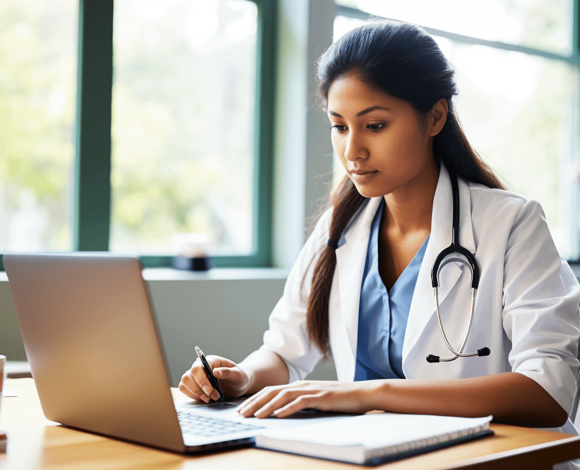 nurse practitioner diligently studying on her laptop, with the CME Pro' course visible on the screen
